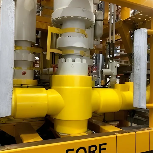 Gul og grå teknisk ventilmodul med rør og koblinger, montert i metallramme merket "FORE".